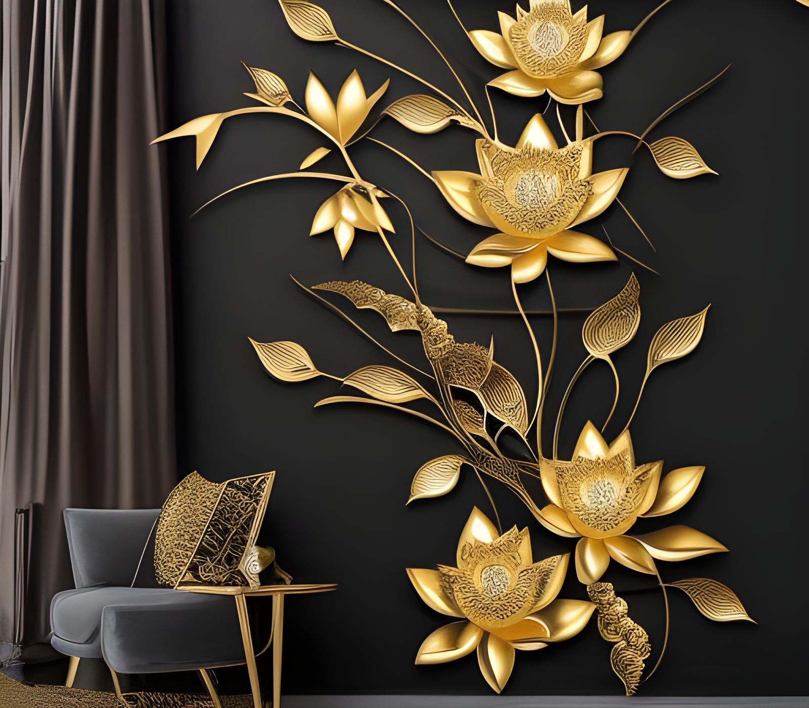 Gold Metallic Lotus Cascade in Intricate Detail