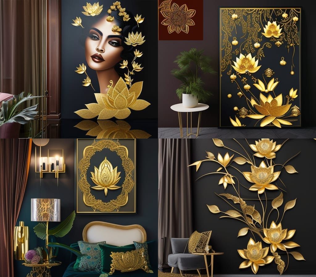 Gold Lotus Cascade: 3D Metallic Window Art