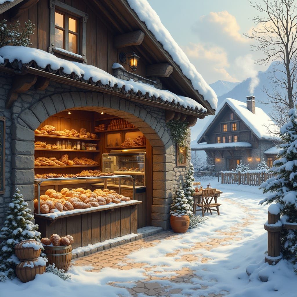 Cozy Bakery in Swiss Village, Thomas Kinkade Style