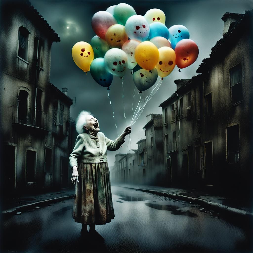 Joyful Old Woman Floats Over Sad City