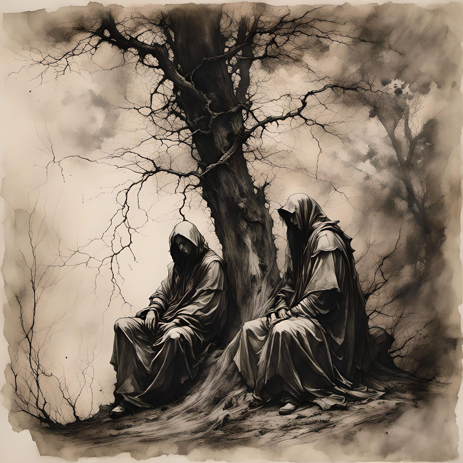 Hooded Figures Under Acacia Tree: Charcoal Drawing