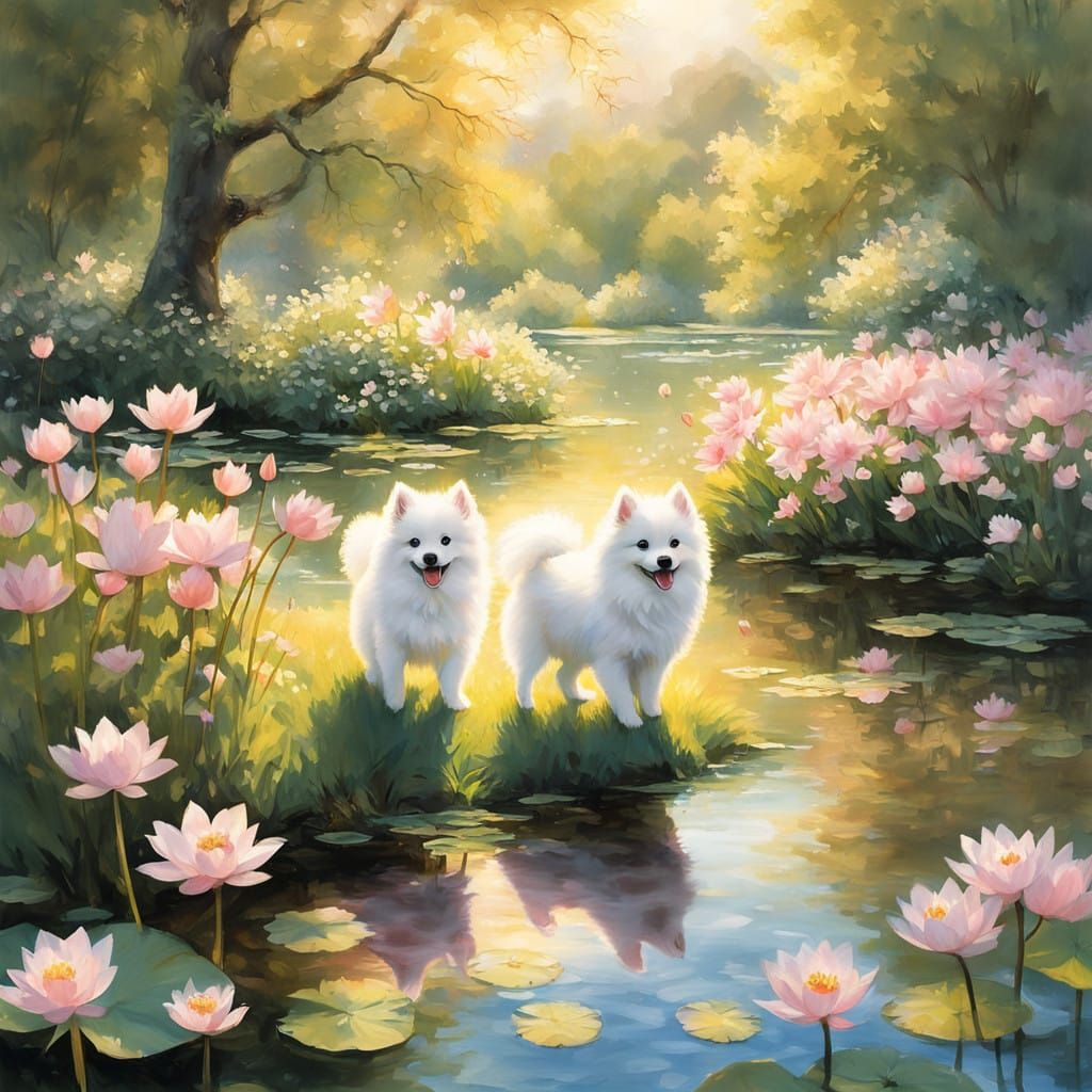 Japanese Spitz Puppies Frolic Under Golden Blossom Trees