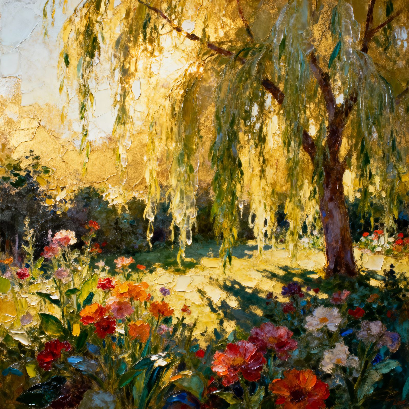 Vibrant Flowers Bloom Under Willow Tree in Encaustic Style