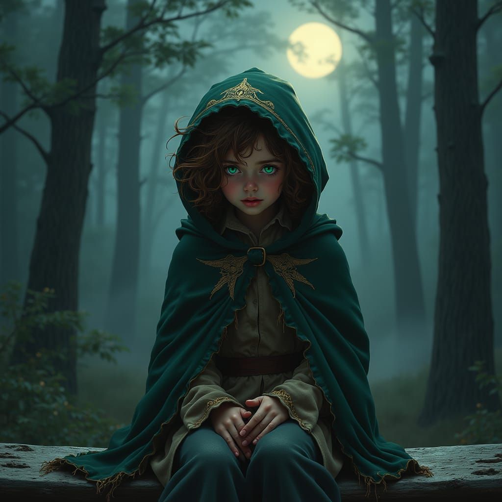 Terrified Girl in Misty Forest, Matte Painting Style