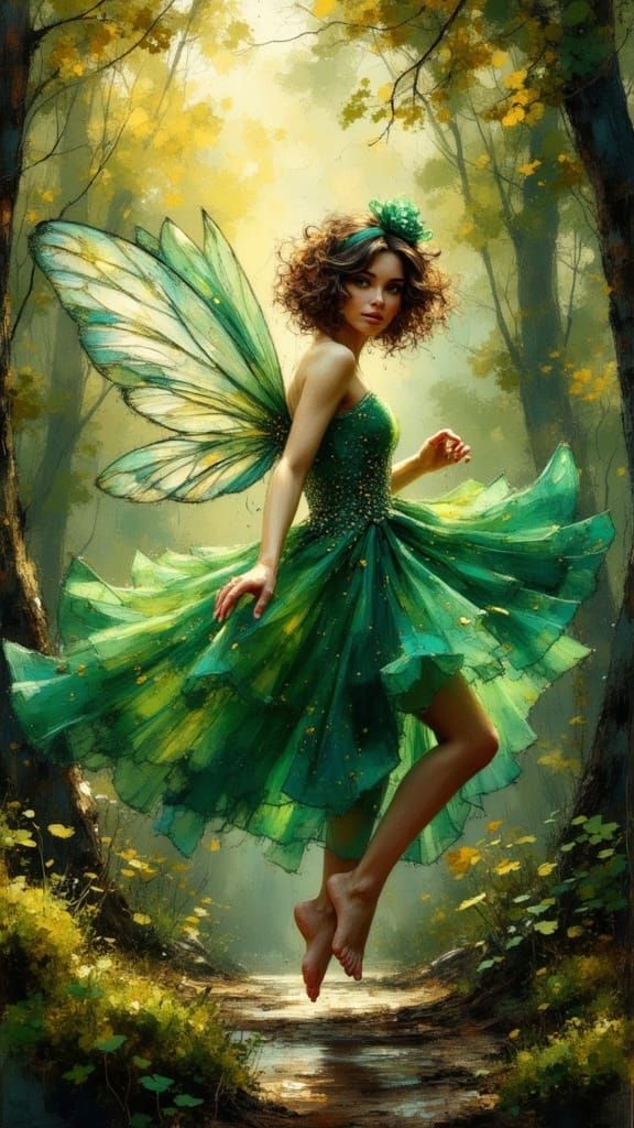 Dancing Fairy in Lavish Gowns, Forest Green and Gold