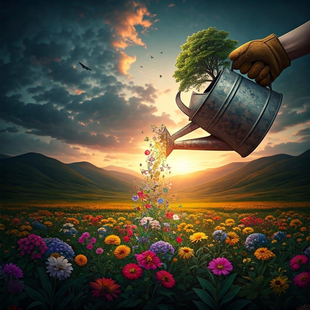 Blossoming Landscape from a Vintage Watering Can Spout