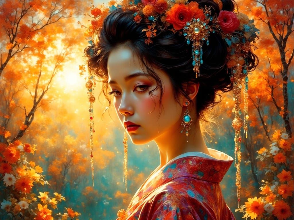 Vibrant Alien Geisha in Sunset Ceremony Attire