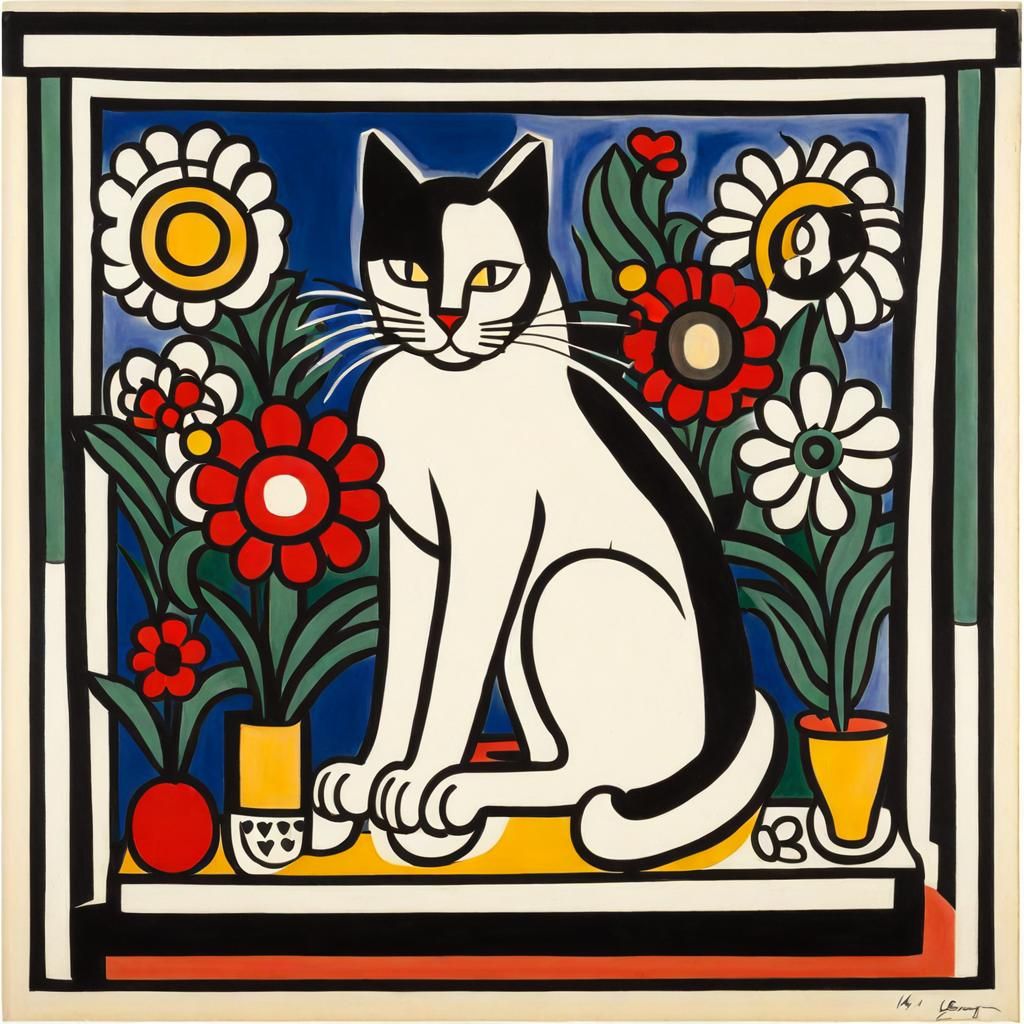 Cubist Cat Surrounded by Flowers and Heart Lights