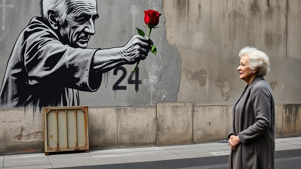 Banksy-Inspired Street Art: Rose Offering