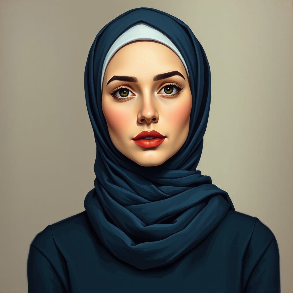 Beautiful Woman in Hijab: Modern Oil Painting