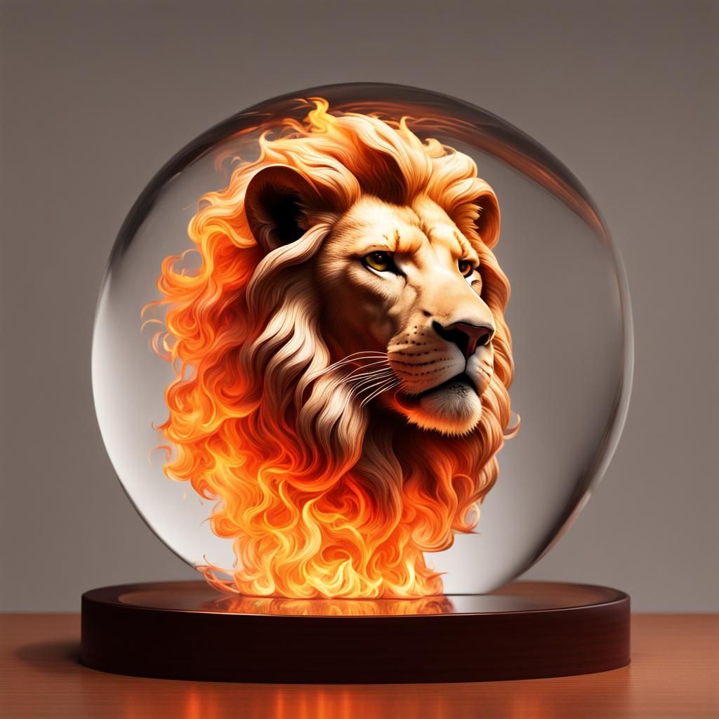 Lion Ablaze in Glass Globe: Surreal Image