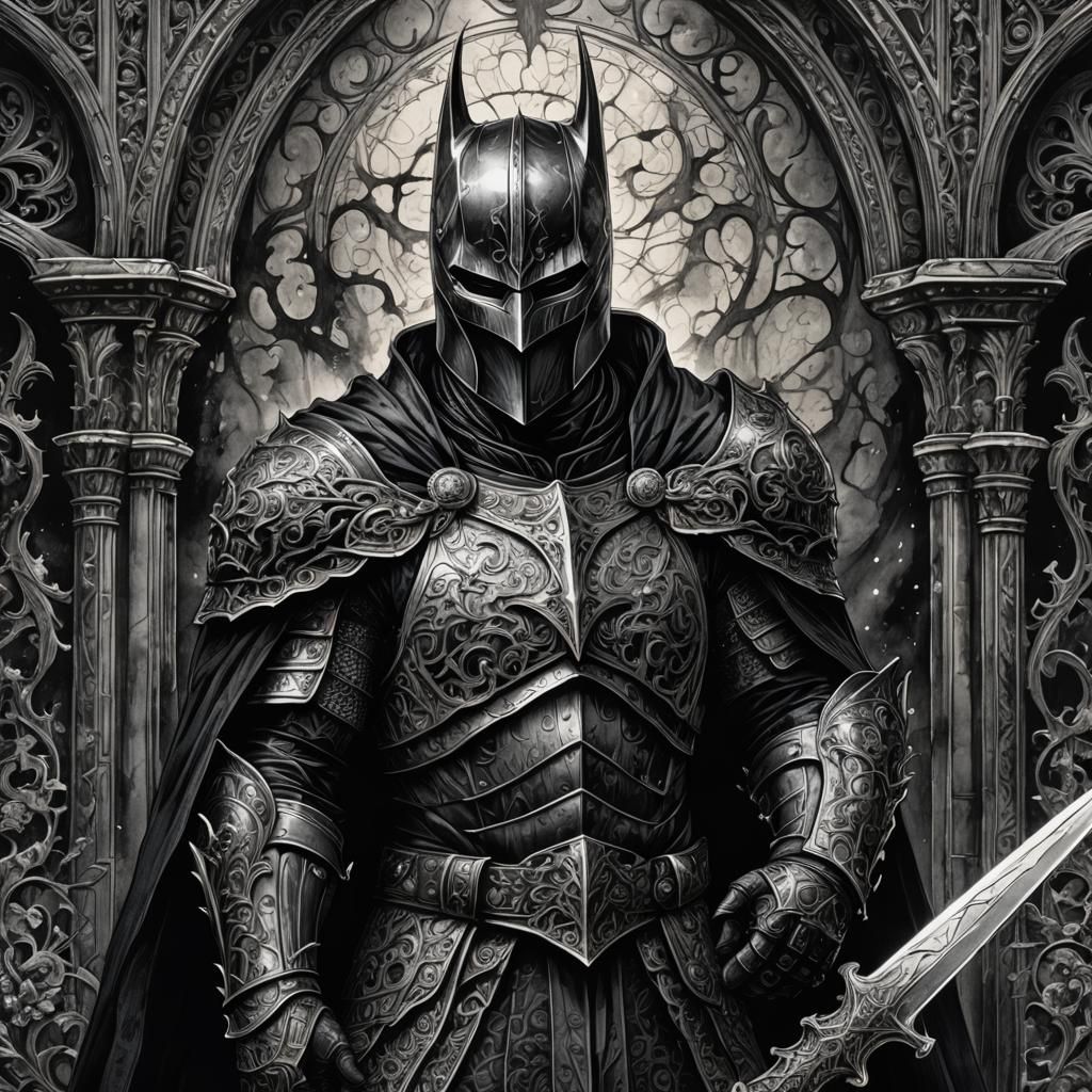 Ornate Medieval Dark Knight in Black and White Ink