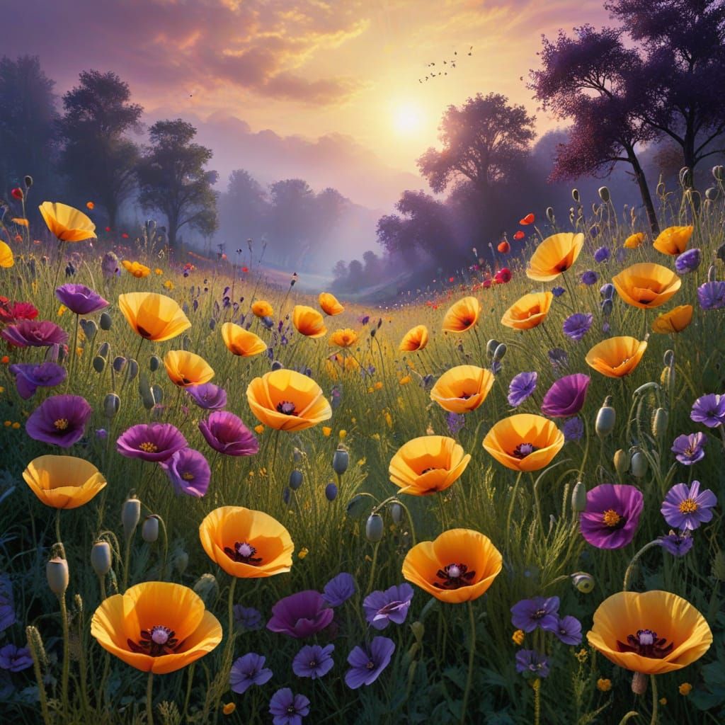 Poppies in a Meadow with a Fantastical Background