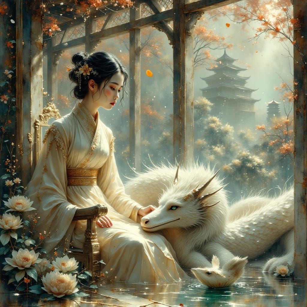 Japanese Fantasy Scene: Woman on Throne with Dragon