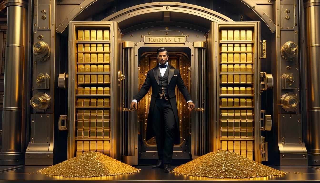 Steampunk Banker Guarding Gold Bars in Vault