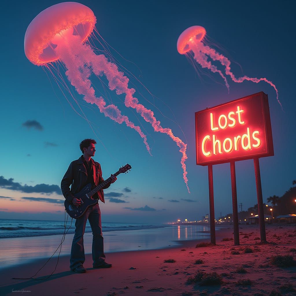 Blues Musician on Desolate Beach with Bioluminescent Jellyfi...