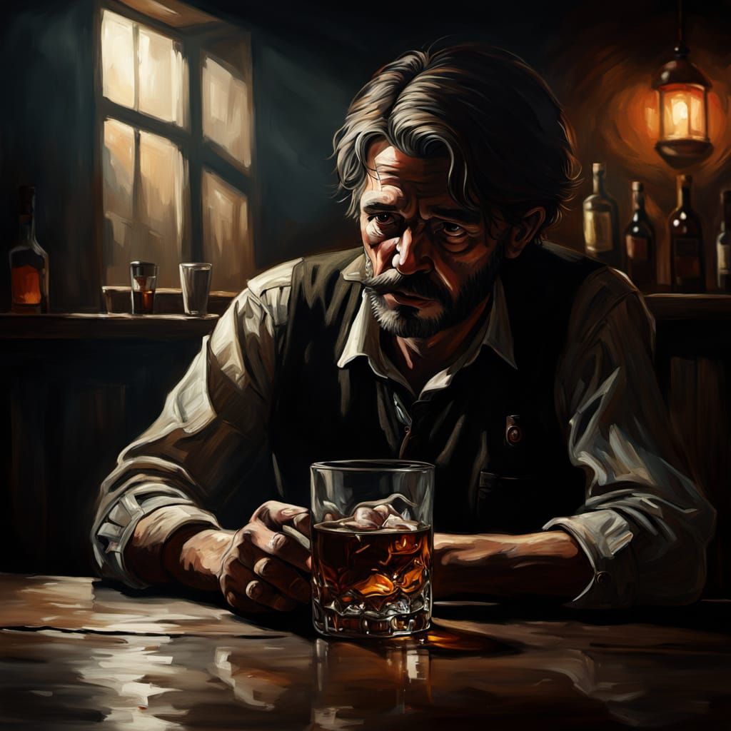 Melancholic Tavern Scene in Dark Surrealism Style