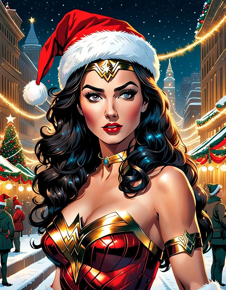 Wonder Woman in Christmas Hat, Comic Book Art