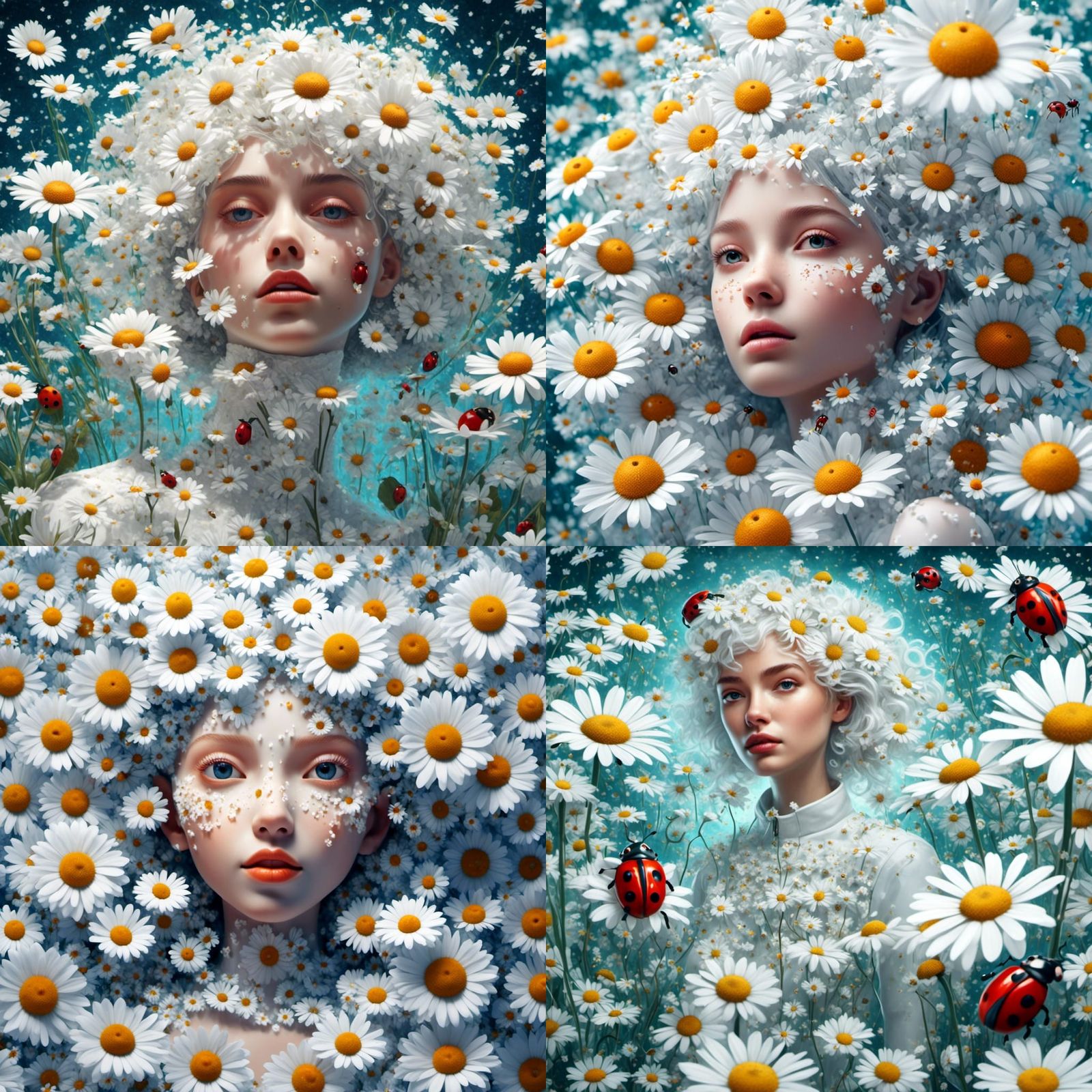 Daisy Field with Ladybugs in Cosmic Style