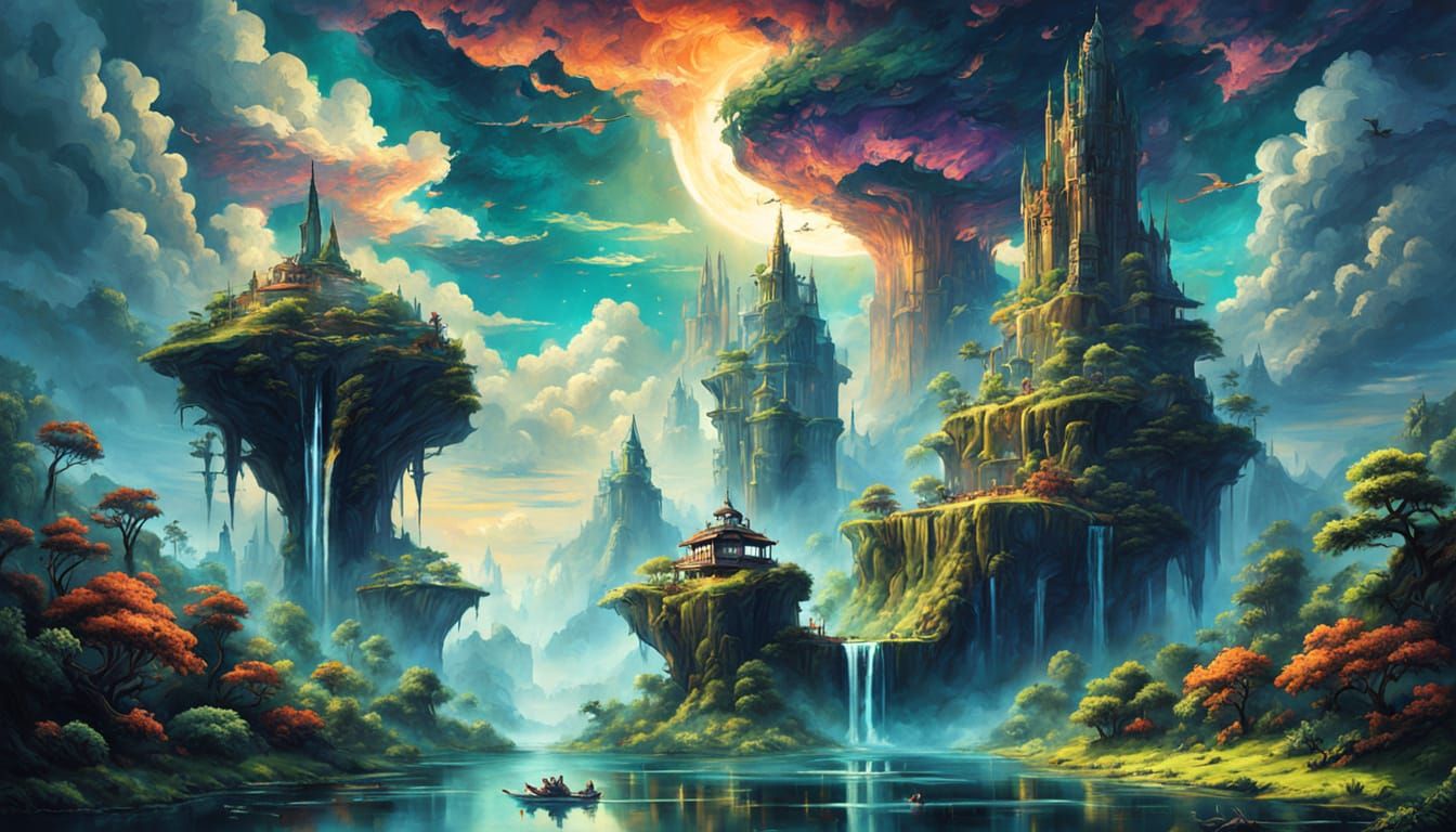 Fantasy Floating Island in Nebula Sky