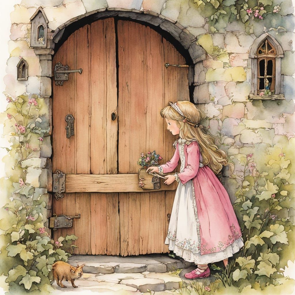 Medieval Girl with Key Storybook Illustration