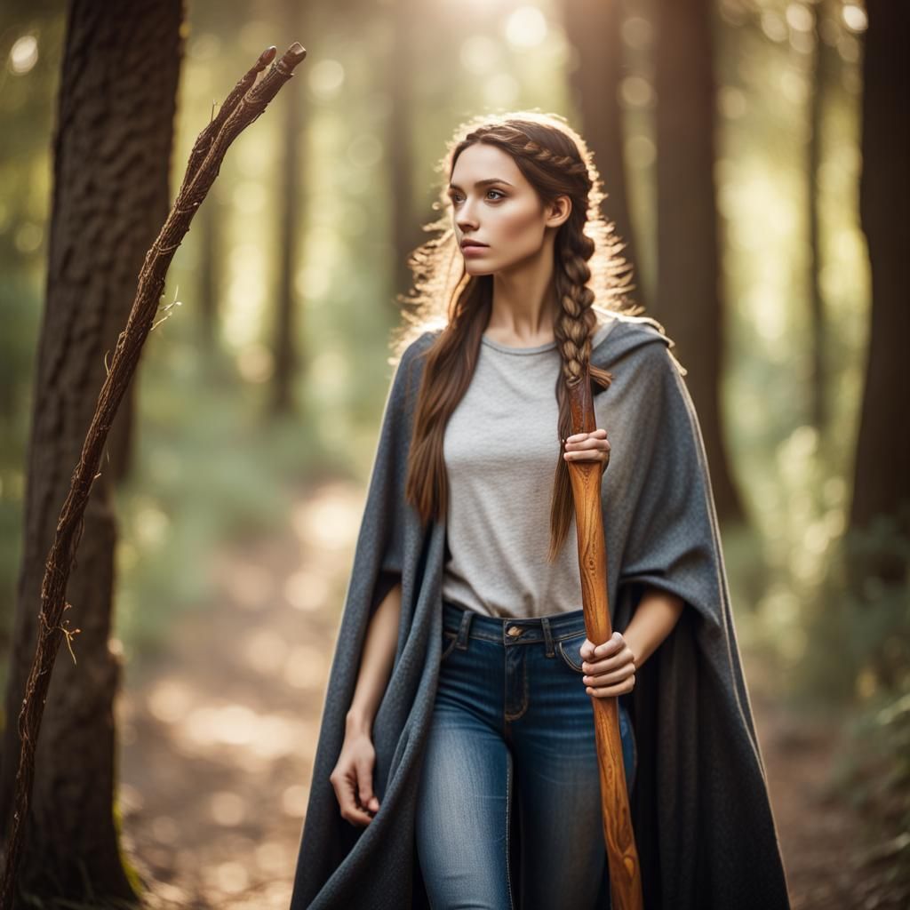 Woman with Staff in Forest, Professional Photography