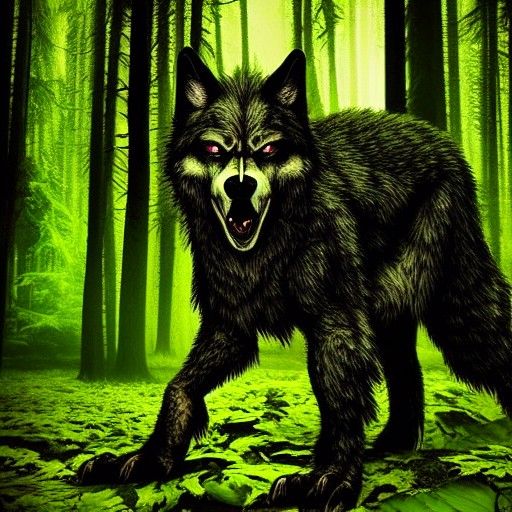 Green Fire Werewolf in a Mysterious Forest