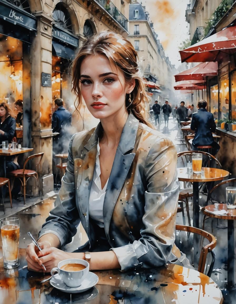 Parisian Café Portrait in Digital Watercolor Style