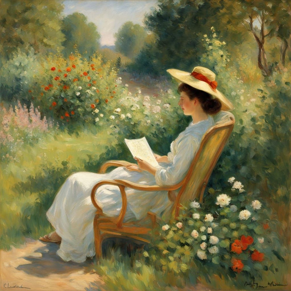 Woman in a Serene Garden Landscape, in Impressionist Style