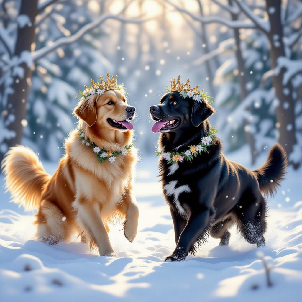 Golden Retriever & Black Labrador in Frosty Wildflower Crown...