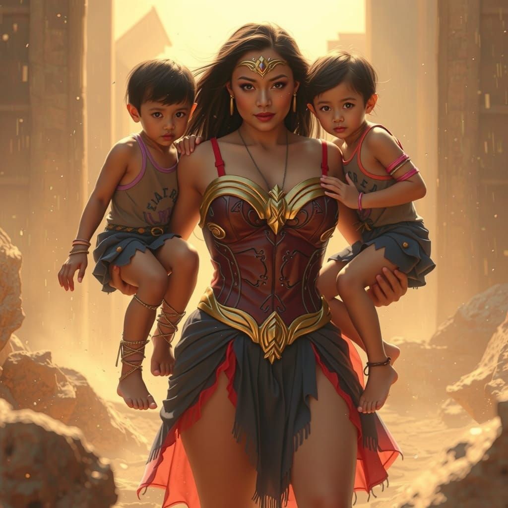 Asian Supermom Carries Children Through Storm