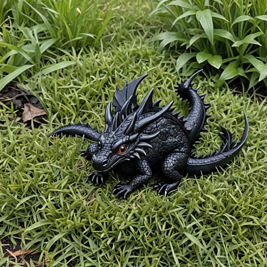Miniature Black Dragon Roosting on Grass