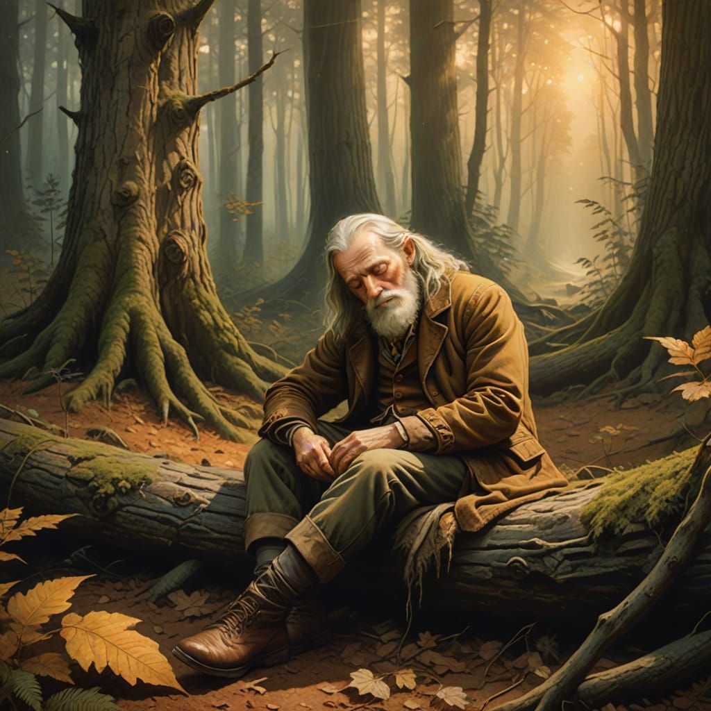 Rip Van Winkle Sleeping in Misty Forest: Oil Painting