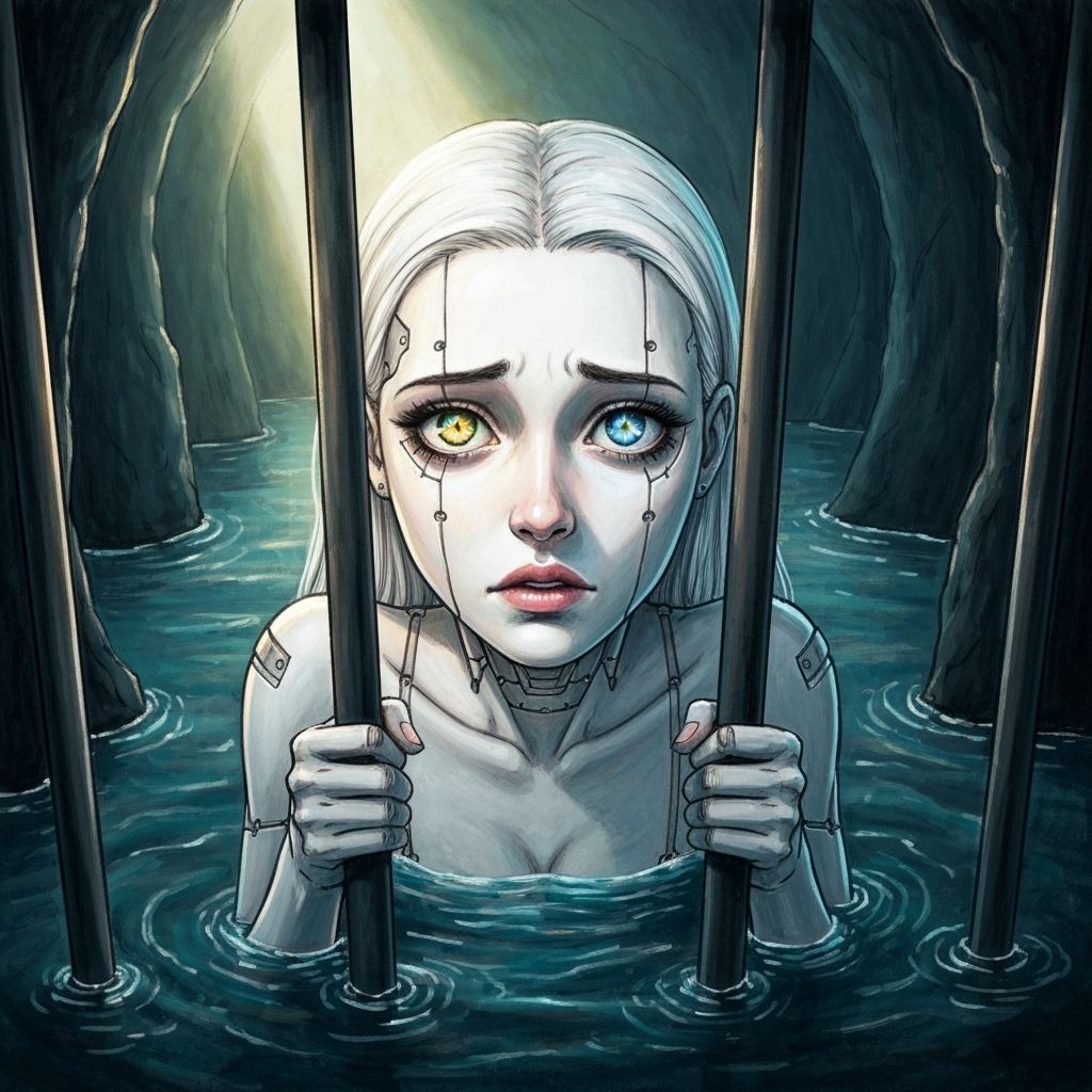 Cyberpunk Cyborg Woman in Subterranean Cave