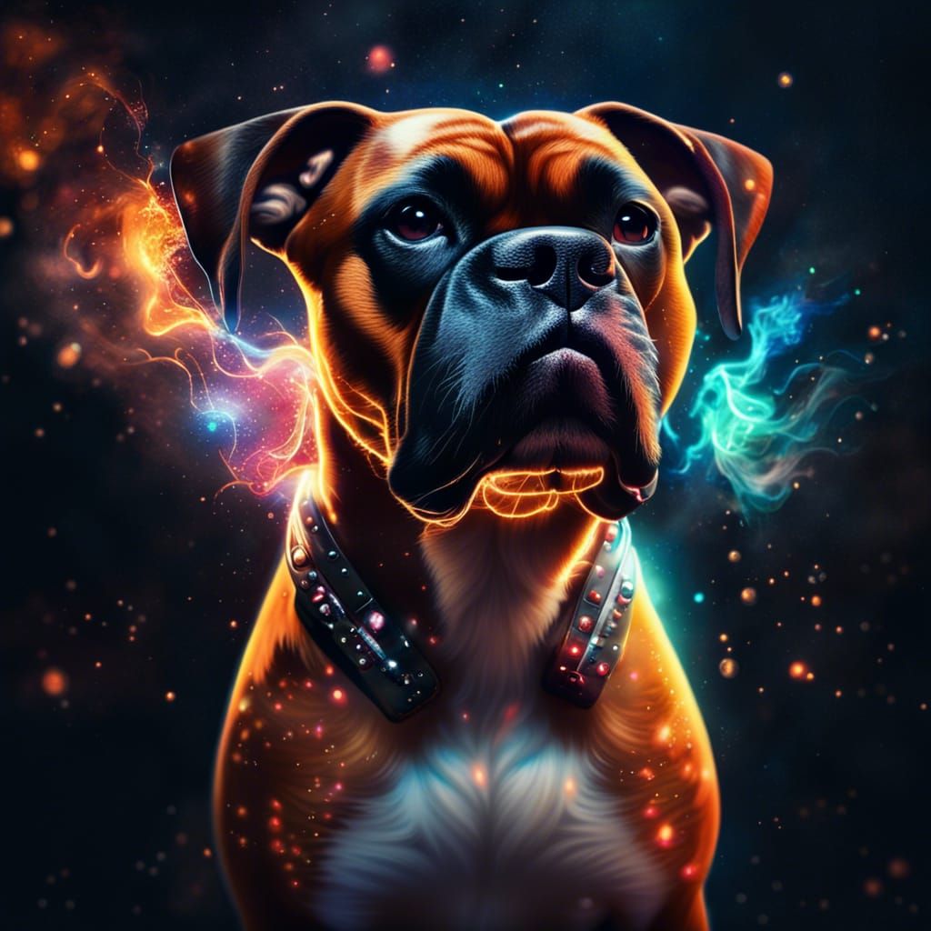 Hyperrealistic Boxer Dog with Cosmic Energy Portrait