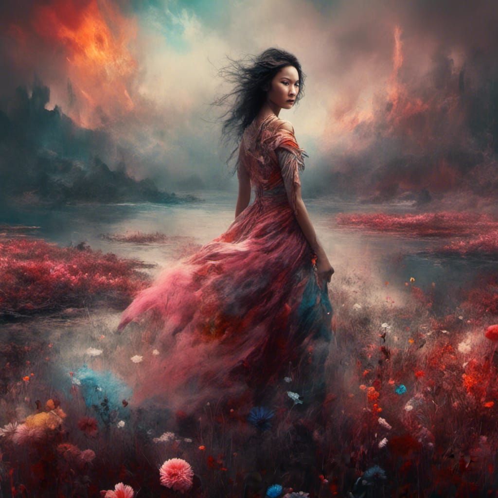 Tibetan Princess in Flaming Landscape, Detailed Matte Painti...