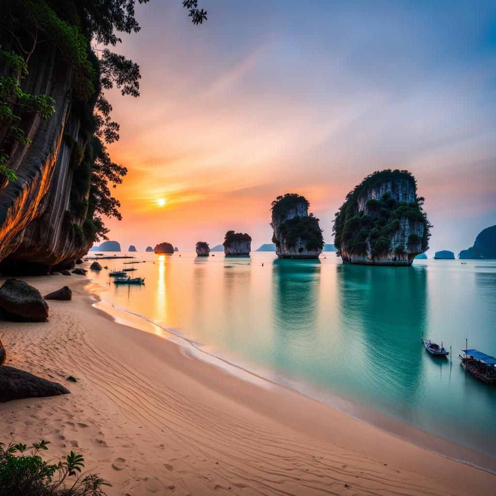 Khao Phing Kan Beach at Sunset: Photorealistic 90s Style