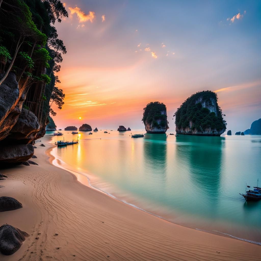 Khao Phing Kan Beach at Sunset: Photorealistic 90s Style