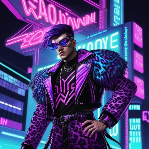 Man in Neon Leopard Print Outfit, Synthwave Style