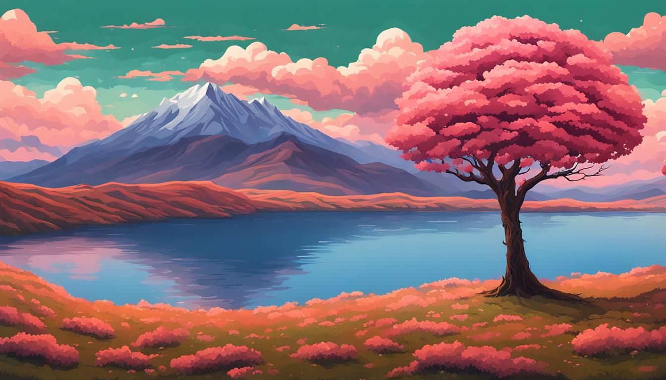 16-Bit Landscape with Pink Tree and Lake