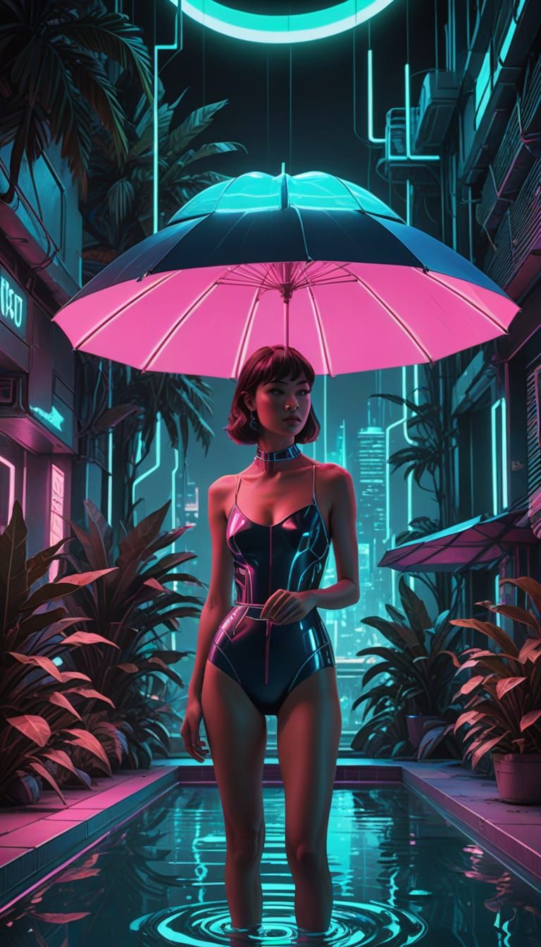 Woman in Neon Swimsuit Relaxing by Futuristic Pool