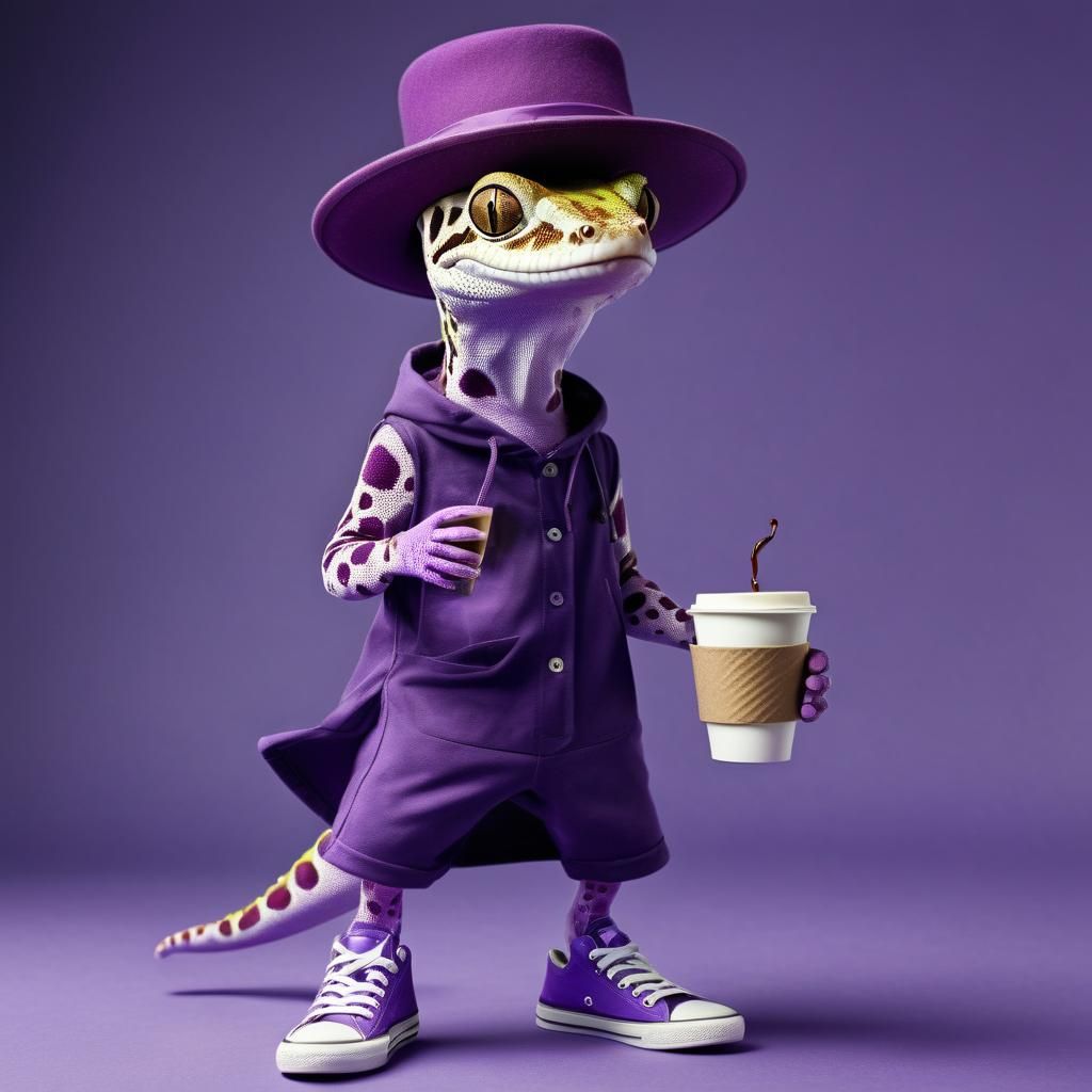 Gecko Girl in Purple Outfit with Coffee