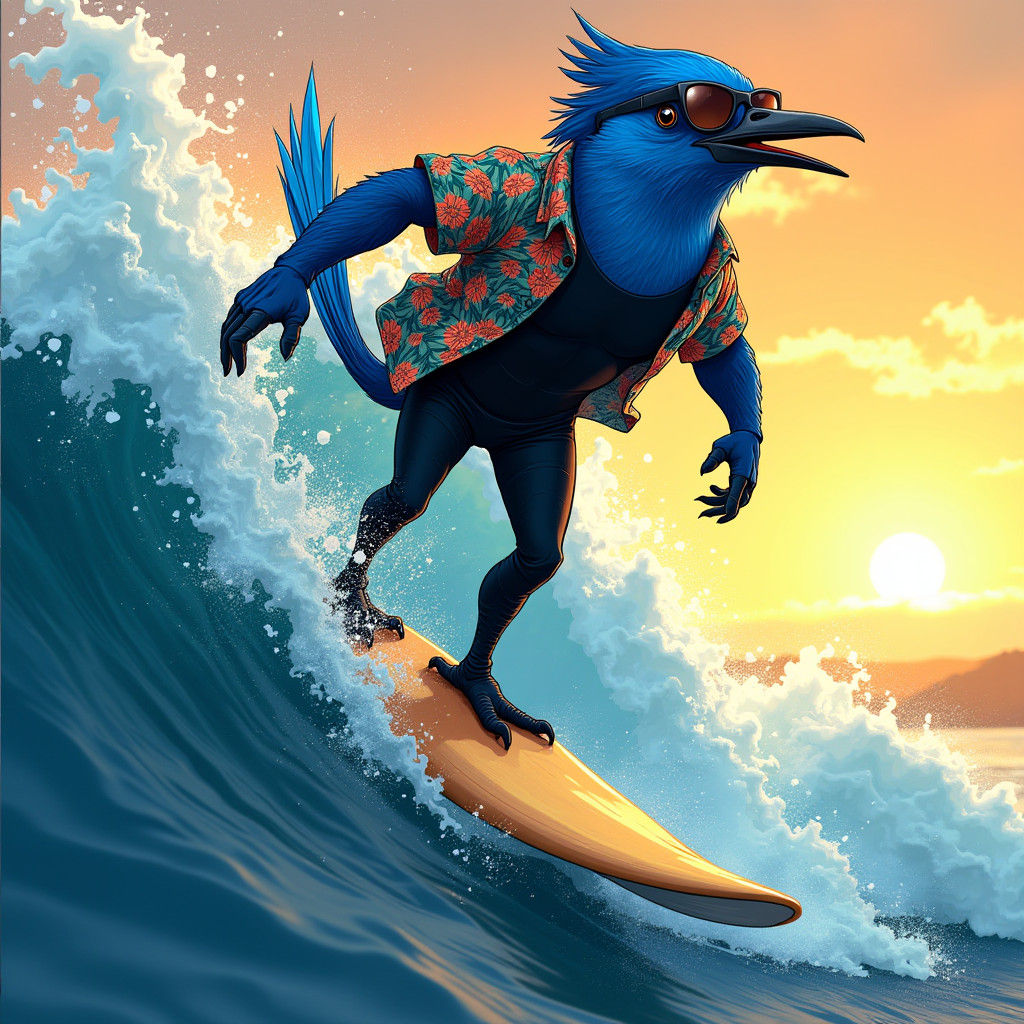 Bluebird Rides a Gnarly Wave in Sunset Surf Scene