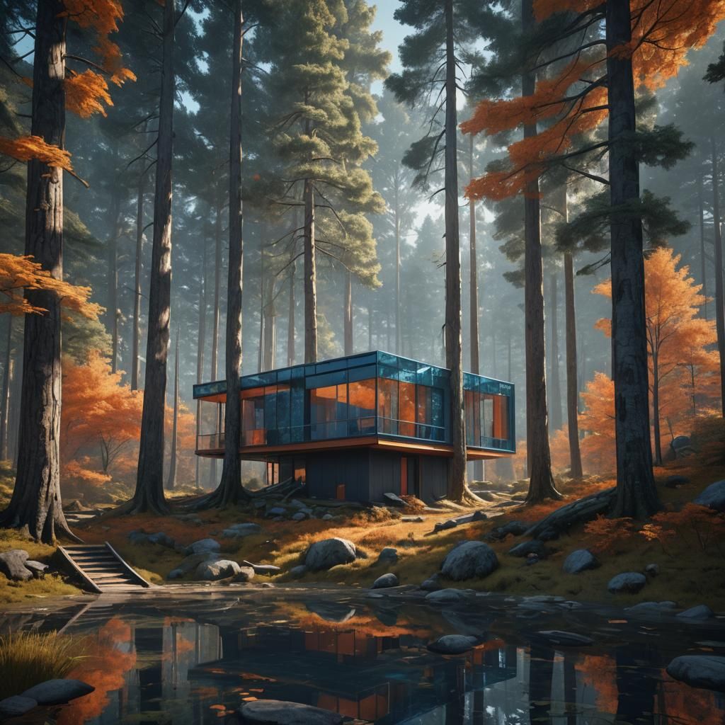Postmodern Cabin in Forest: Reflective Glass and Deep Color