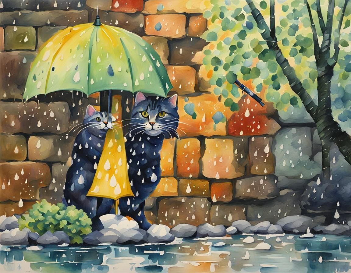 Cats in Rain: Impressionist Watercolor Gouache Painting