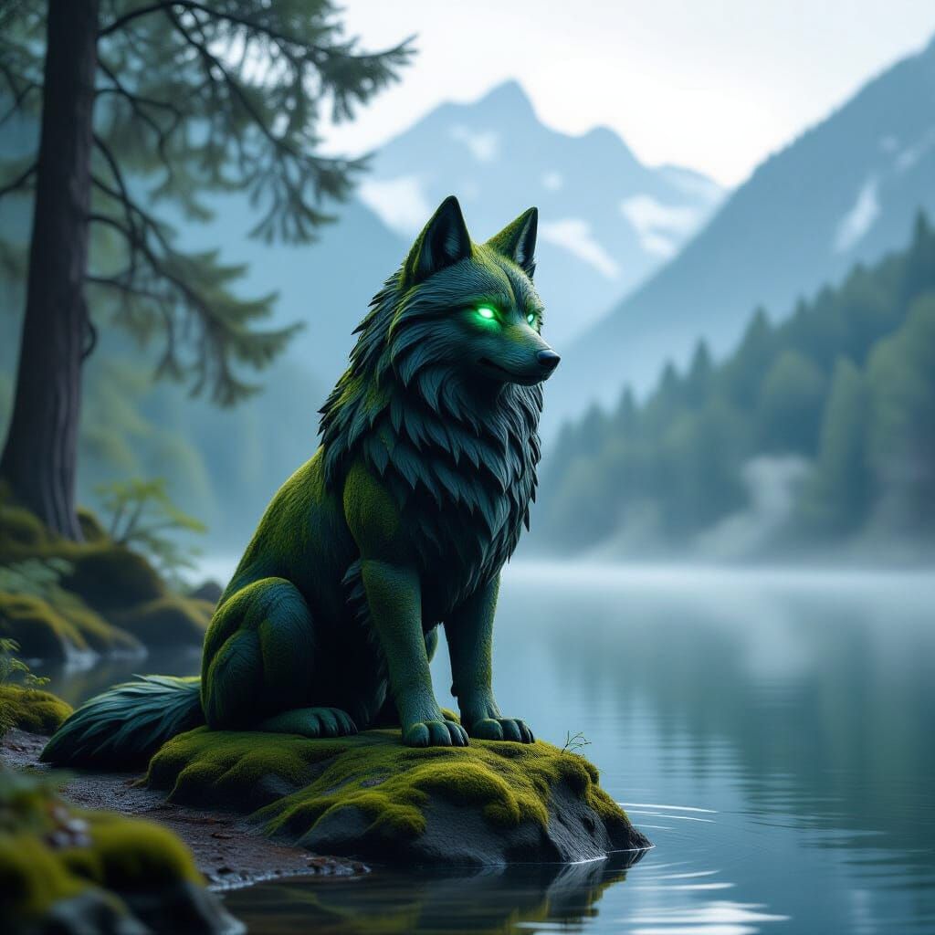 Stone Wolf Guardian at Misty Mountain Lake