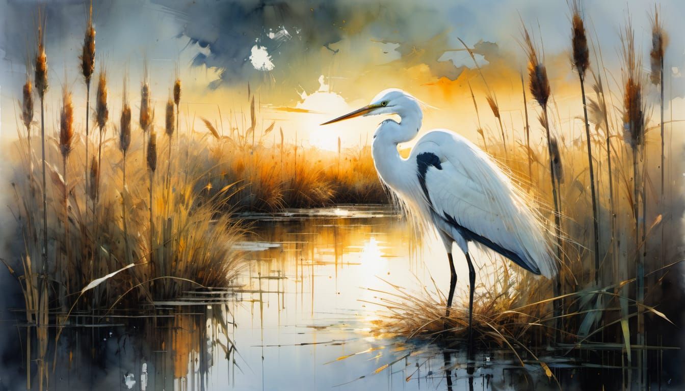 Majestic Egret in Watercolor Marsh at Sunset