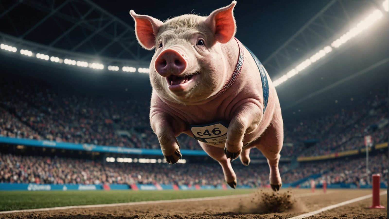 Anthropomorphic Pig Long Jump: Photorealistic 8k Resolution