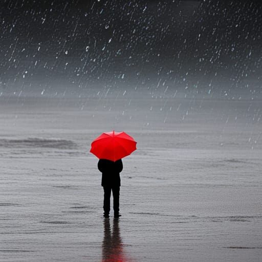 Lonely Figure in Rainy, Vast World
