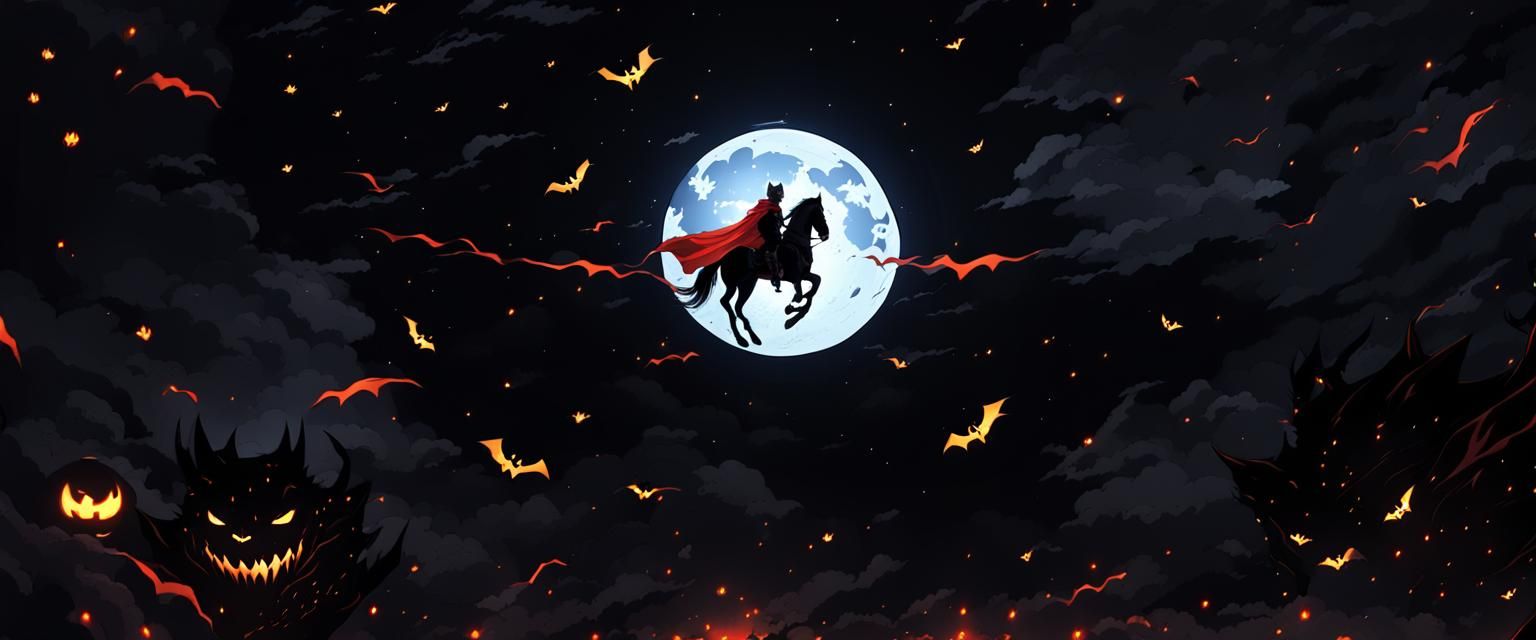 Dark Knight Rides Fiery Horse in Anime Style